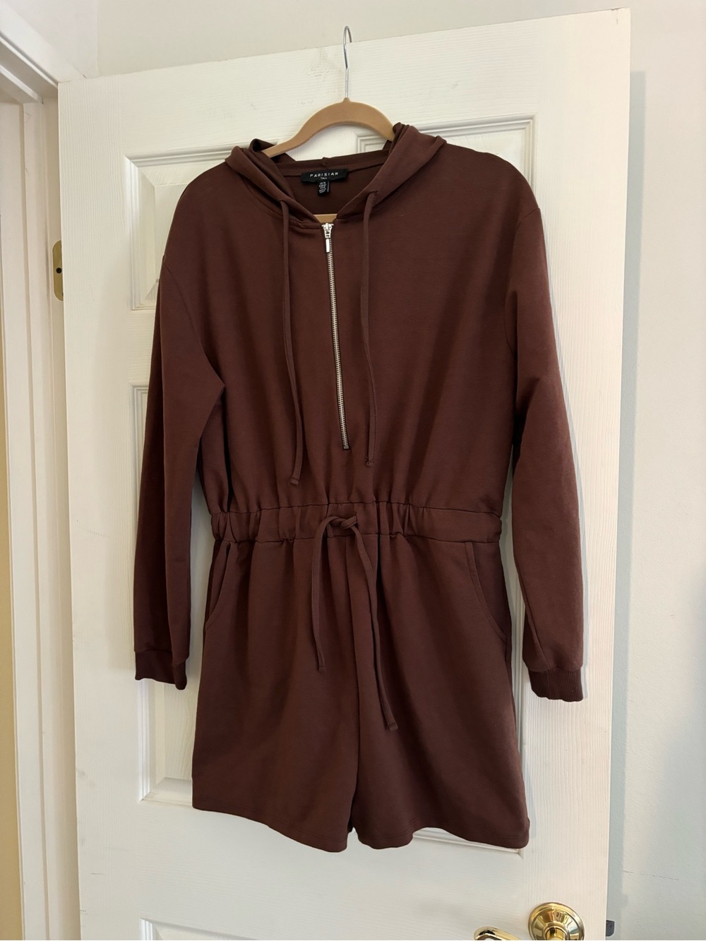 Parisian Tall Women's Brown Cozy Hooded Zip-Front Romper, Size 10, Like New